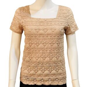East 5th M Tan Textured Lined Elegant/Classic Square Shaped Neckline Blouse